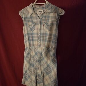 Levi's Light Blue And Pink Plaid Sleeveless Button Up Dress